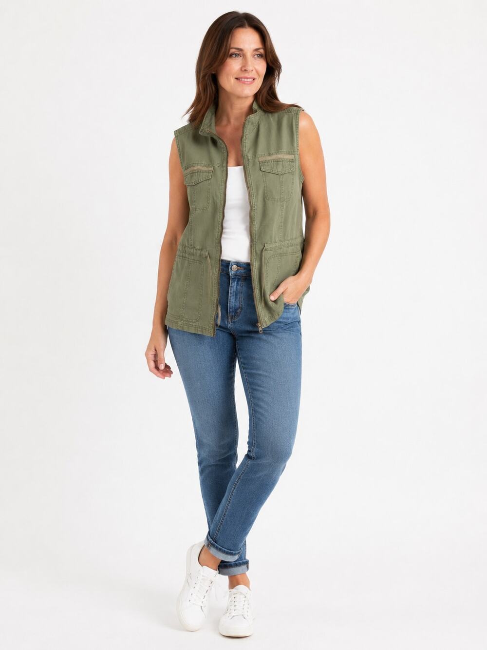 LR4502 Merona Utility Cargo Vest Olive Green Full Zip Cotton XL Safari Outdoor